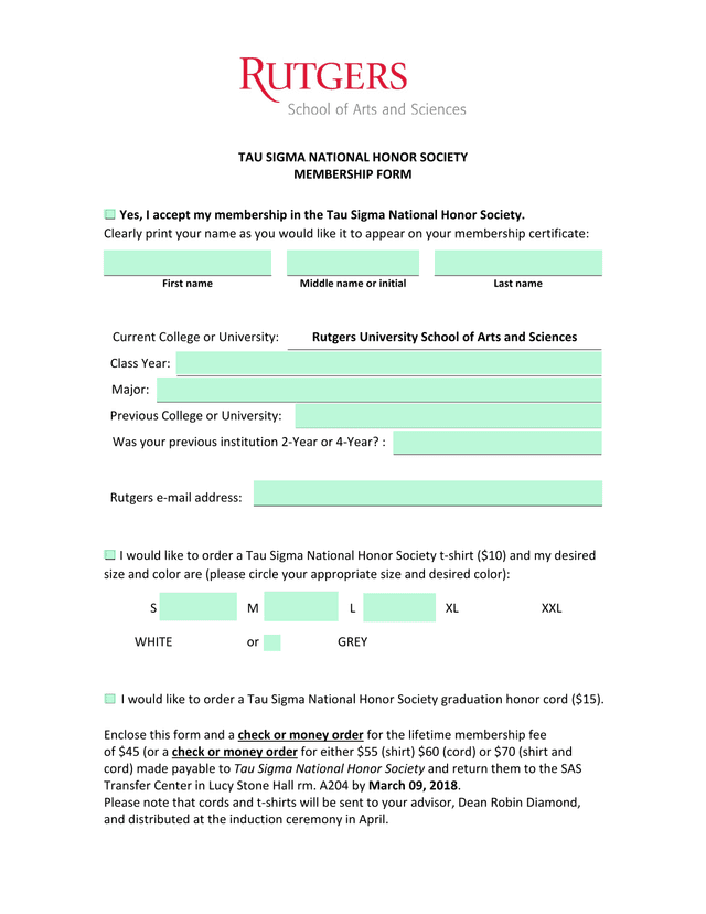 Tau Sigma National Honor Society Membership Form screenshot