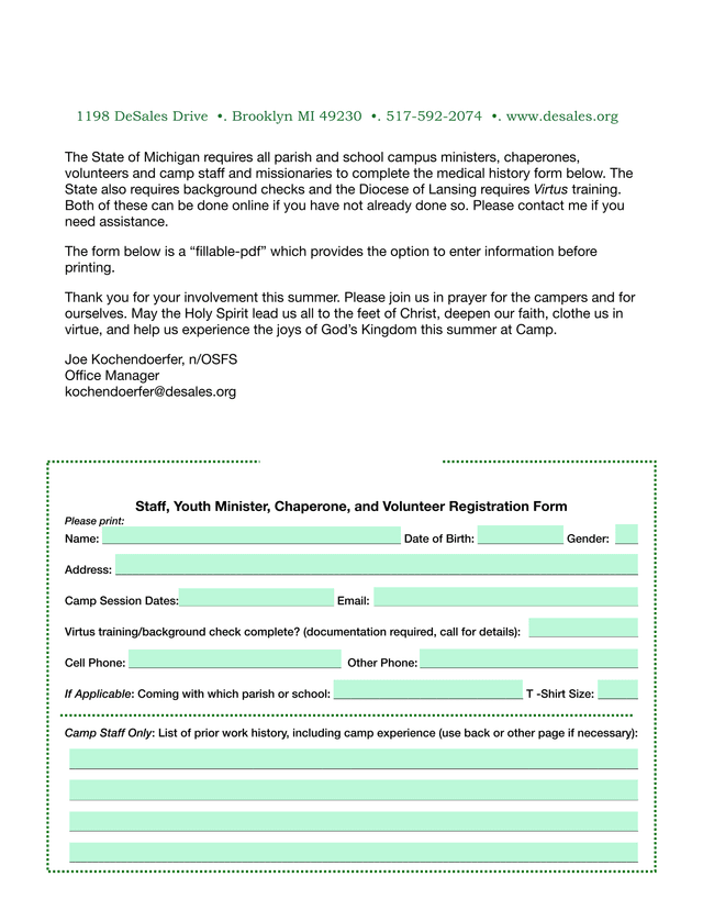 Staff, Youth Minister, Chaperone, And Volunteer Registration Form screenshot