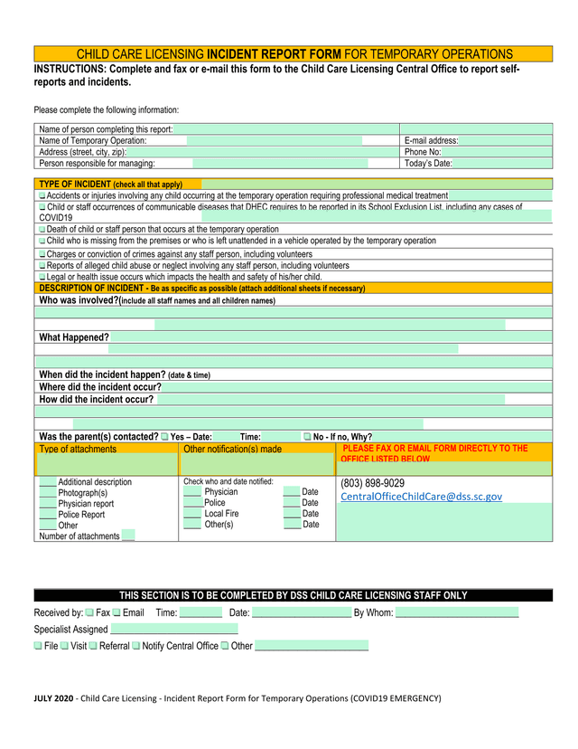 Child Care Licensing Incident Report Form For Temporary Operations screenshot