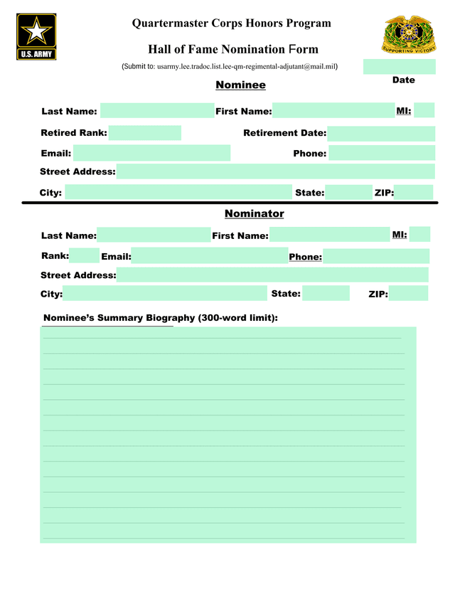 Quartermaster Corps Honors Program Hall Of Fame Nomination Form screenshot