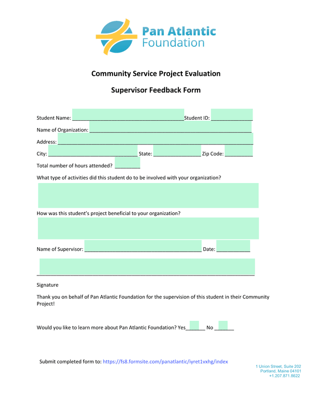 Community Service Project Evaluation Supervisor Feedback Form screenshot
