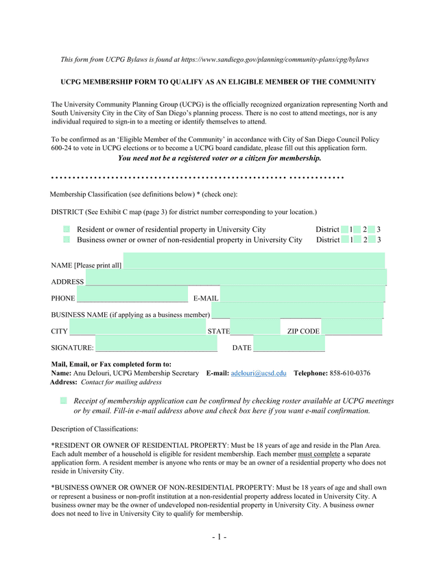 UCPG Membership Form screenshot