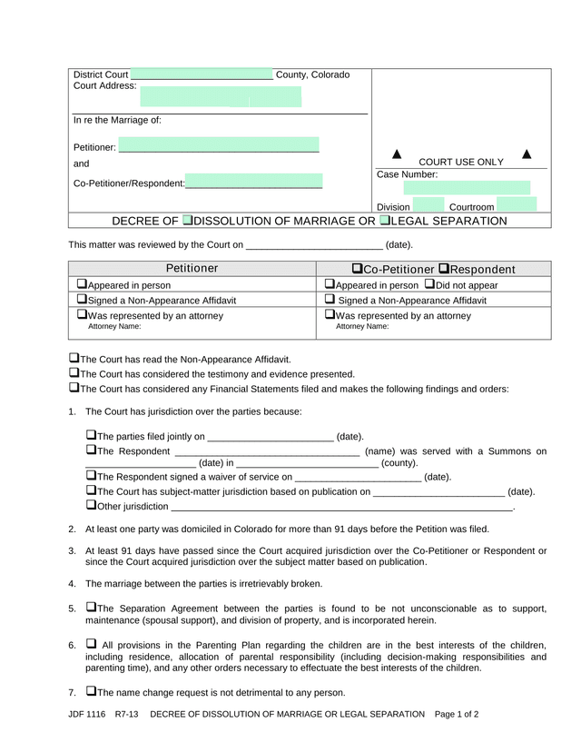 JDF 1116   Decree Of Dissolution Of Marriage Or Legal Separation screenshot