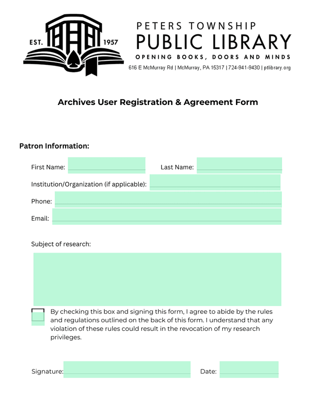 Archives User Registration  Agreement Form screenshot