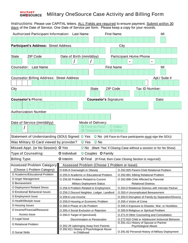 Military OneSource Case Activity And Billing Form screenshot