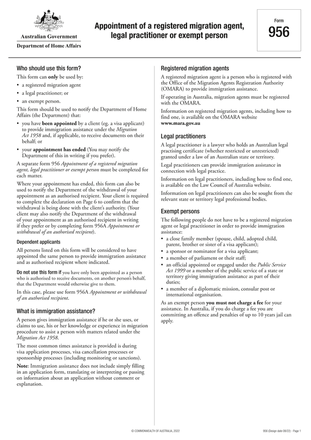 Form 956   Appointment Of A Registered Migration Agent, Legal Practitioner Or Exempt Person screenshot