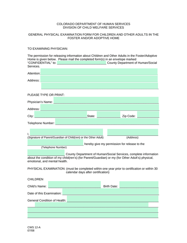 GENERAL PHYSICAL EXAMINATION FORM FOR CHILDREN AND OTHER ADULTS IN THE FOSTER ANDOR ADOPTIVE HOME screenshot