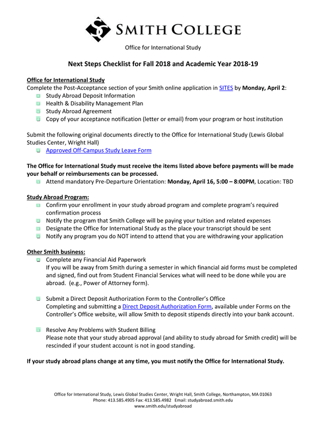 Next Steps Checklist For Fall 2018 And Academic Year 2018 19 screenshot