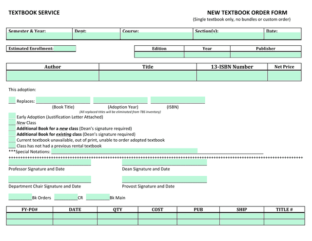 NEW TEXTBOOK ORDER FORM screenshot