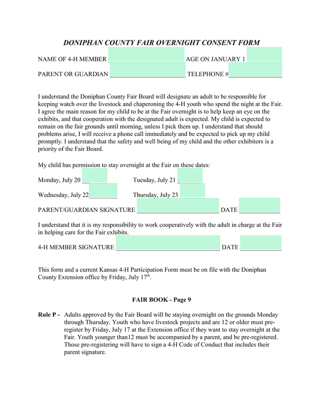 Doniphan County Fair Overnight Consent Form screenshot