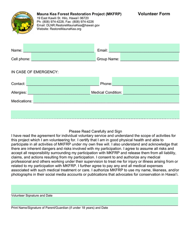 Mauna Kea Forest Restoration Project (MKFRP) Volunteer Form screenshot