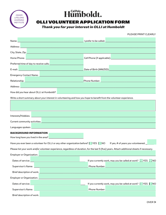 OLLI Volunteer Application Form screenshot