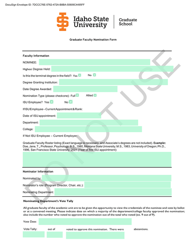 Graduate Faculty Nomination Form screenshot