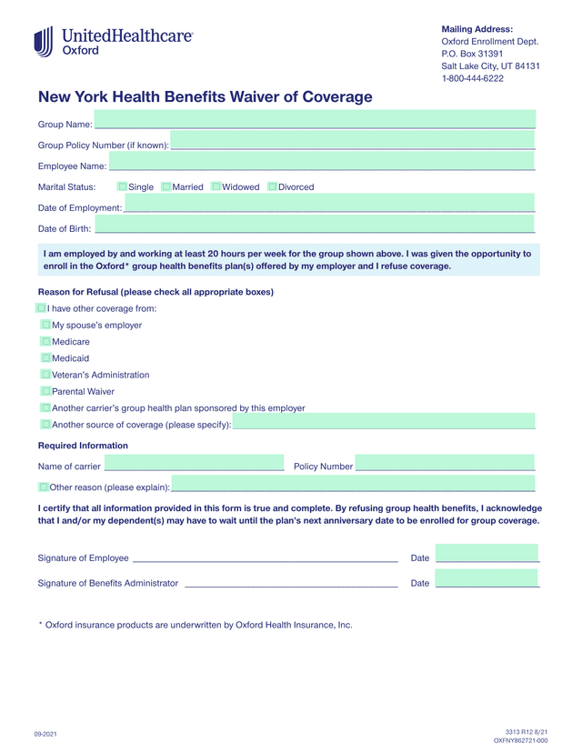 New York Health Benefits Waiver Of Coverage screenshot