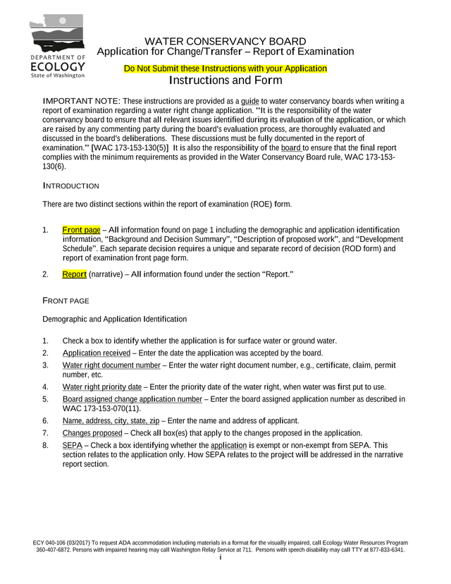 Water Conservancy Board Application For ChangeTransfer  Report Of Examination screenshot