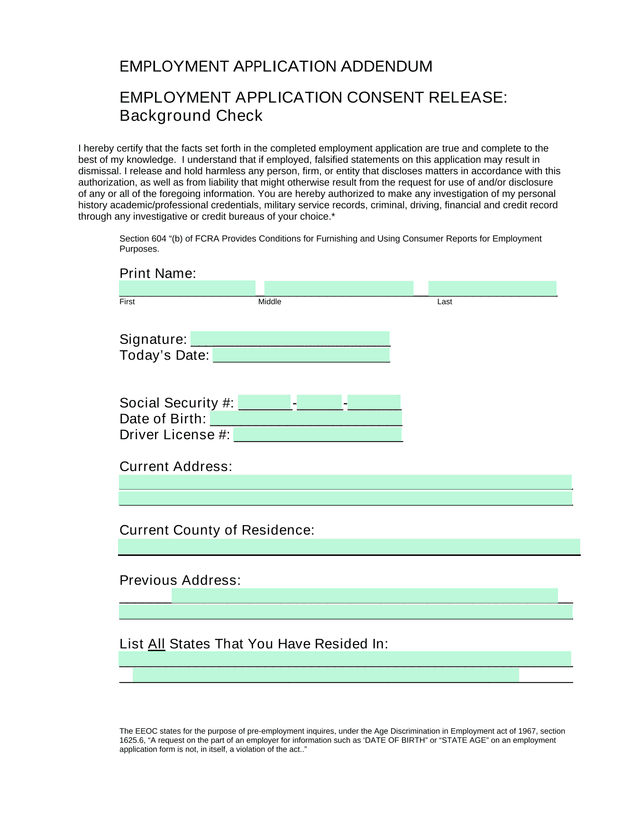 Employment Application Addendum screenshot