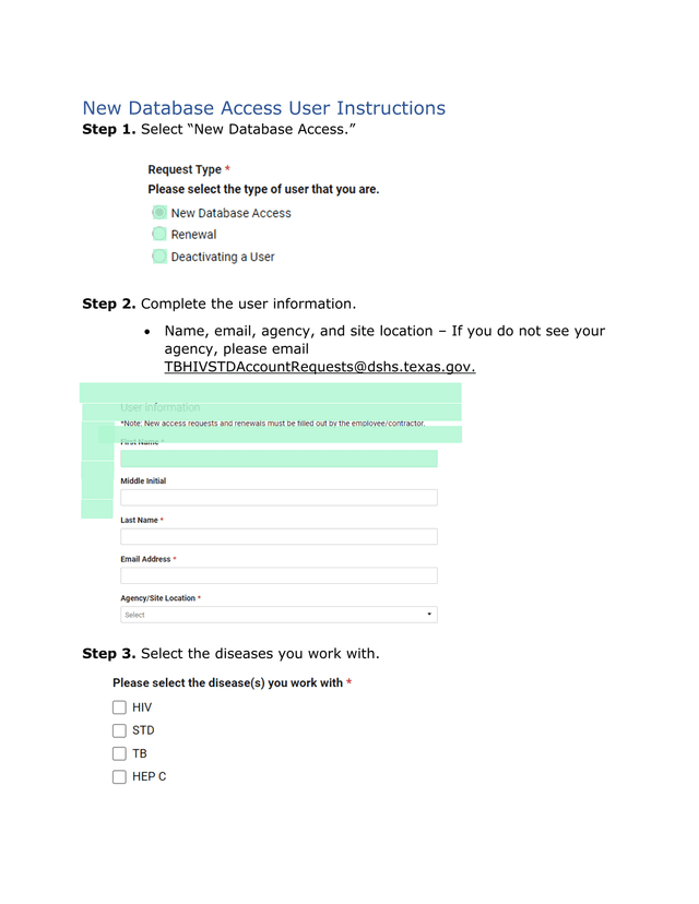 New Database Access User Instructions screenshot