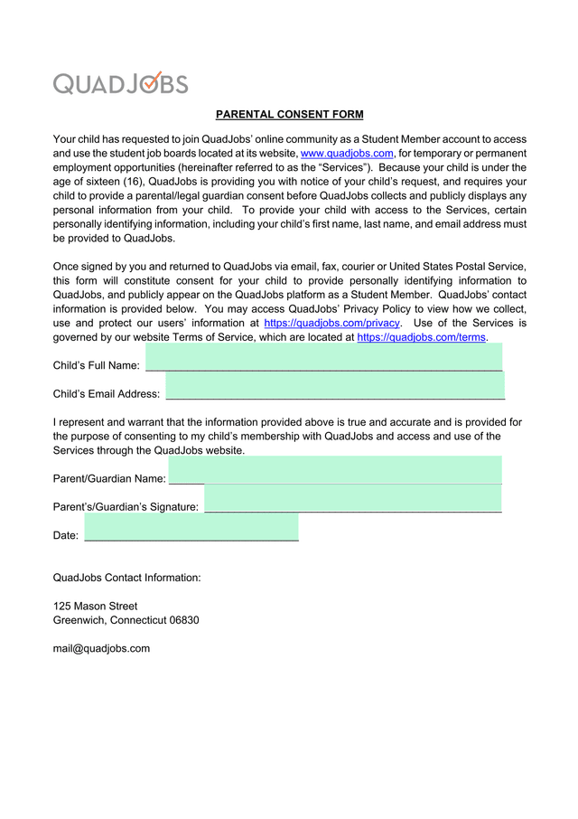 Parental Consent Form screenshot