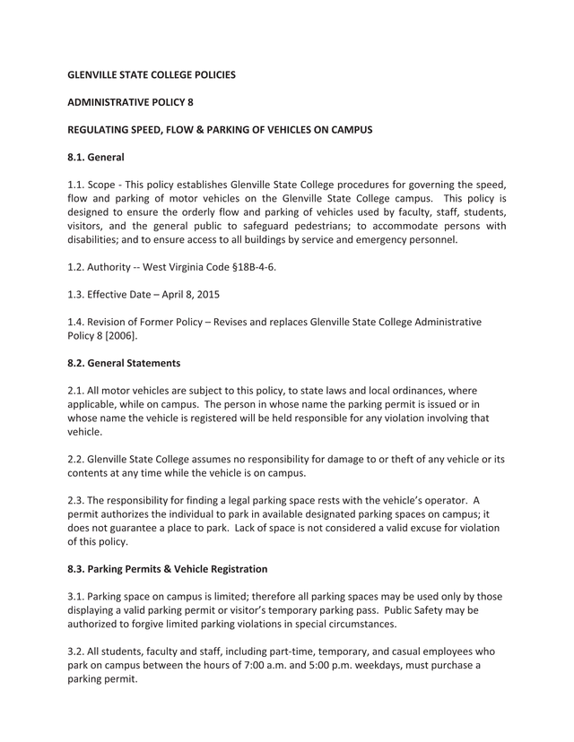 Glenville State College Administrative Policy 8 screenshot