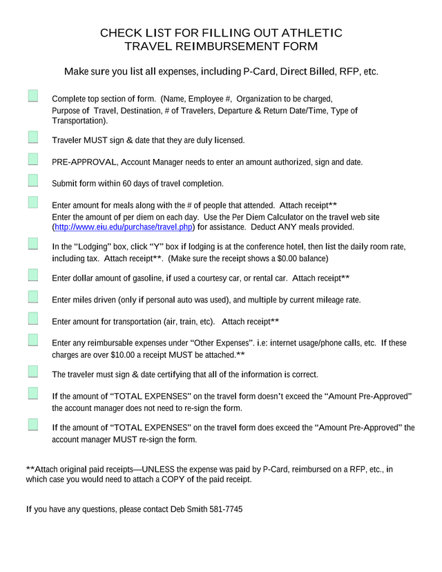 CHECK LIST FOR FILLING OUT ATHLETIC TRAVEL REIMBURSEMENT FORM screenshot