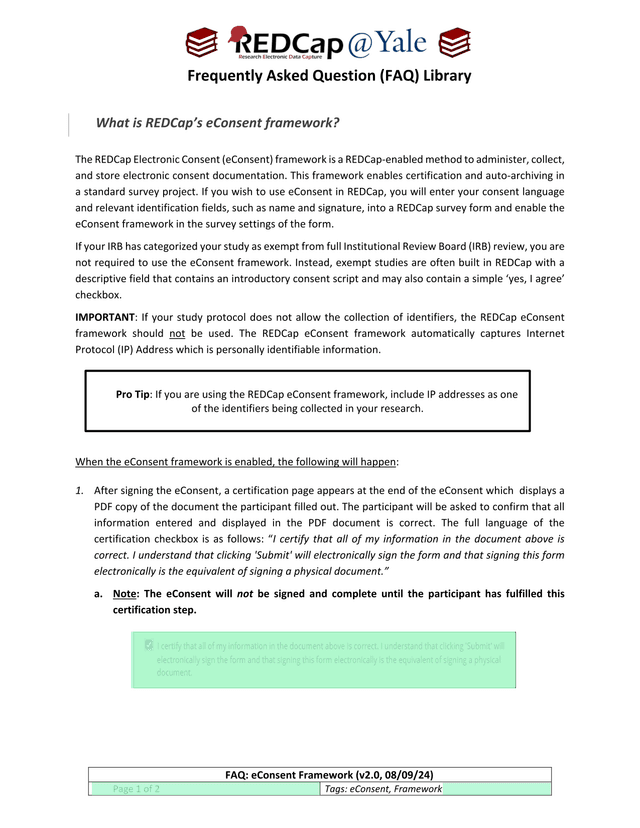 FAQ EConsent Framework screenshot