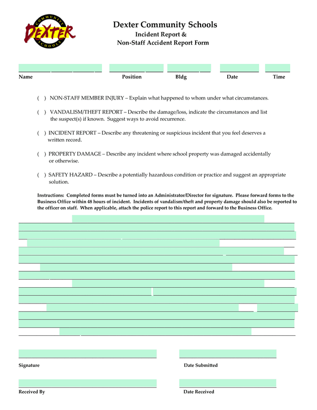 Dexter Community Schools Incident Report  Non Staff Accident Report Form screenshot