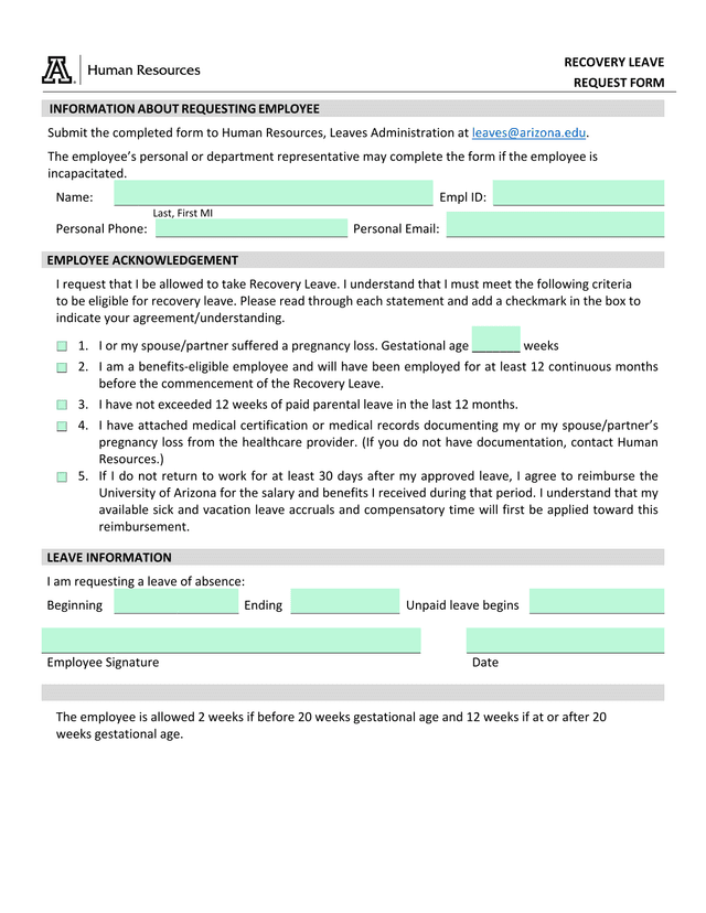 Recovery Leave Request Form screenshot
