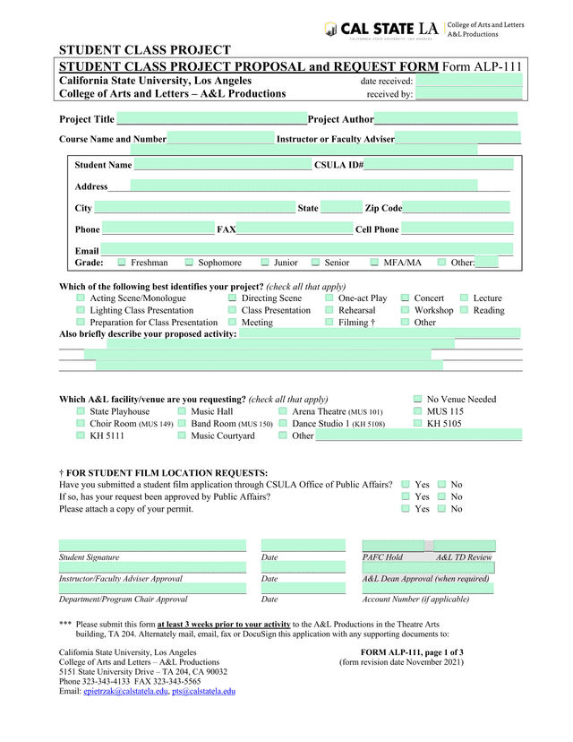 STUDENT CLASS PROJECT PROPOSAL And REQUEST FORM Form ALP 111 screenshot