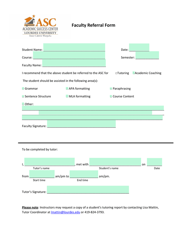 Faculty Referral Form screenshot
