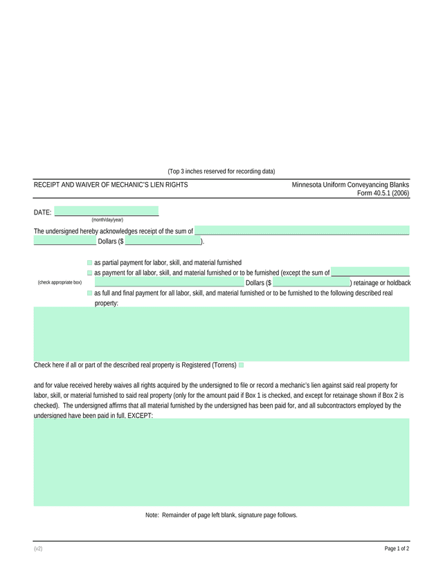 Receipt And Waiver Of MechanicS Lien Rights screenshot