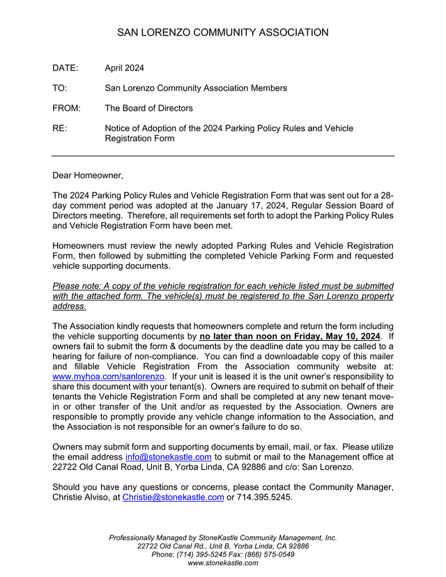 Notice Of Adoption Of The 2024 Parking Policy Rules And Vehicle Registration Form screenshot