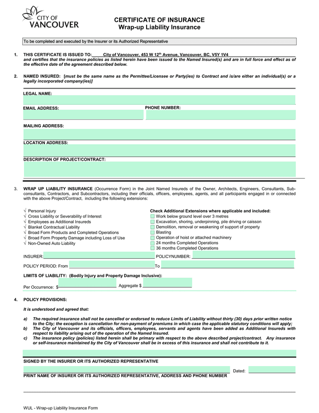 WUL   Wrap Up Liability Insurance Form screenshot