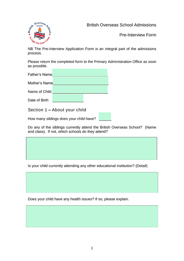 British Overseas School Admissions Pre Interview Form screenshot