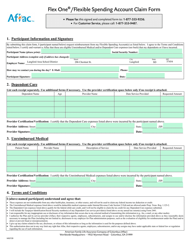 M0272B Flexible Spending Account Claim Form screenshot