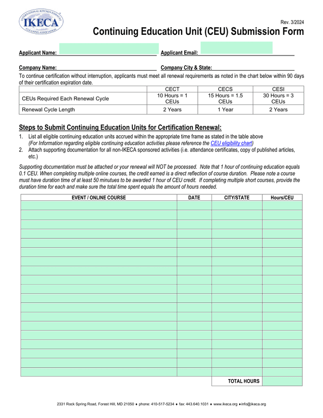 Continuing Education Unit (CEU) Submission Form screenshot