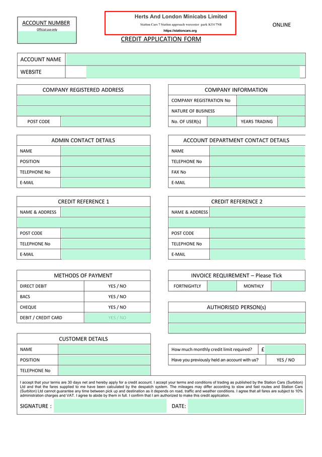Credit Application Form screenshot