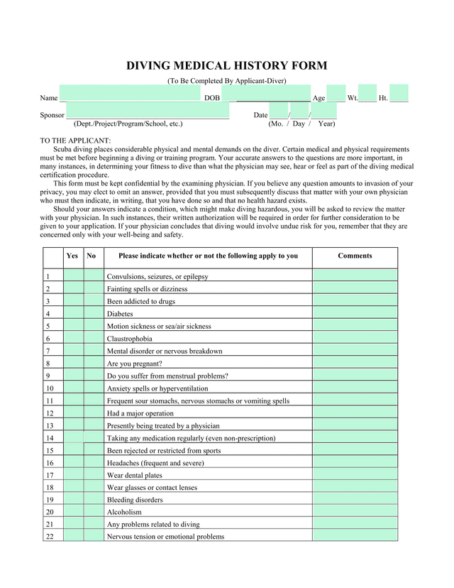 DIVING MEDICAL HISTORY FORM screenshot