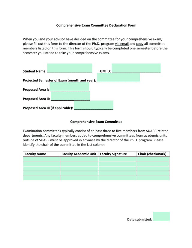 Comprehensive Exam Committee Declaration Form screenshot