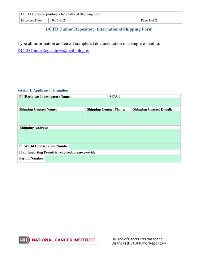 DCTD Tumor Repository   International Shipping Form screenshot