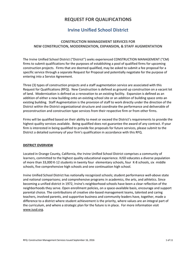 Request For Qualifications Construction Management Services screenshot