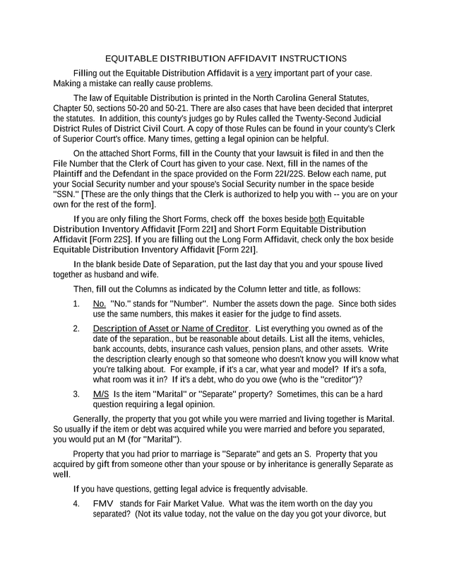 Equitable Distribution Affidavit Instructions screenshot