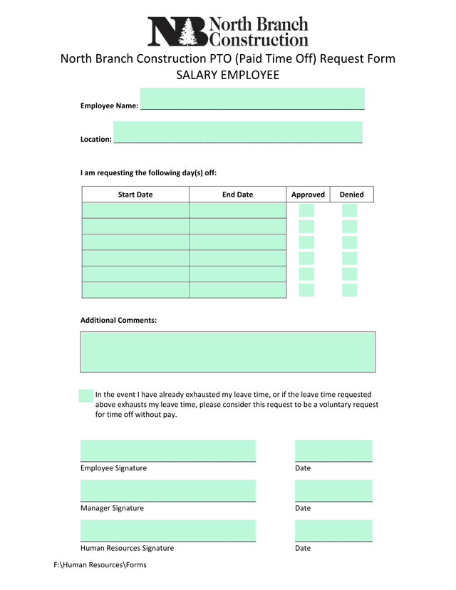 North Branch Construction PTO (Paid Time Off) Request Form screenshot