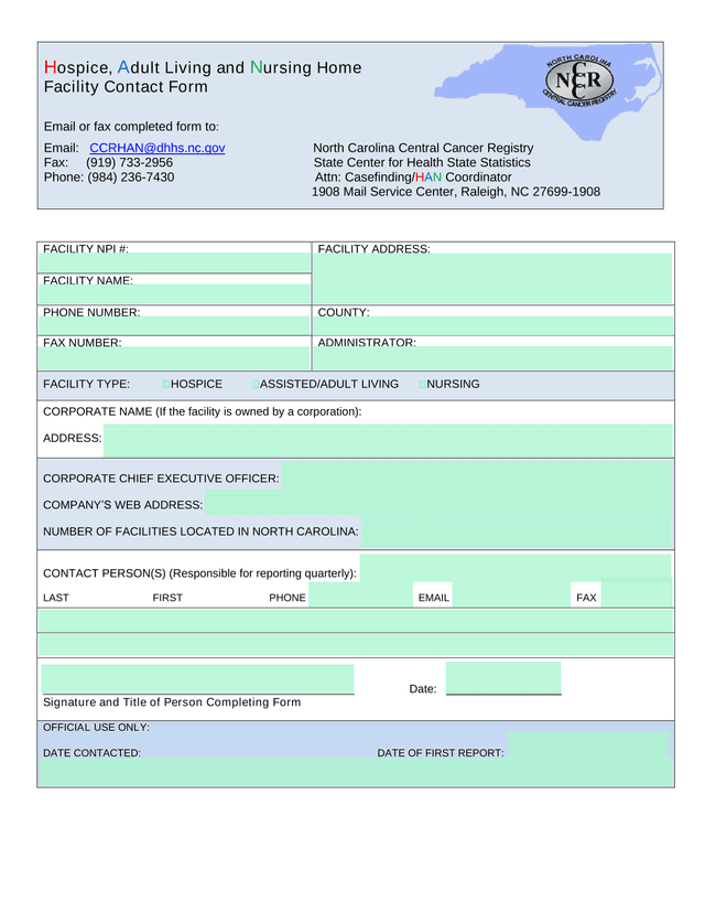Hospice, Adult Living And Nursing Home Facility Contact Form screenshot