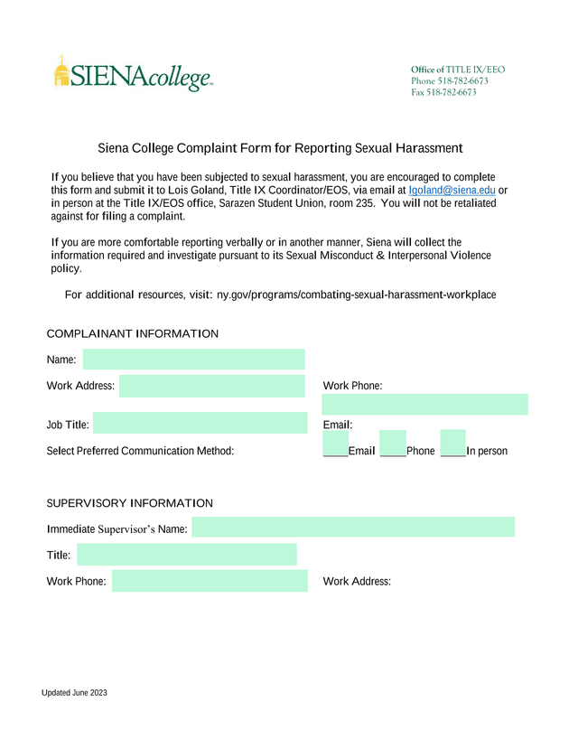 Siena College Complaint Form For Reporting Sexual Harassment screenshot