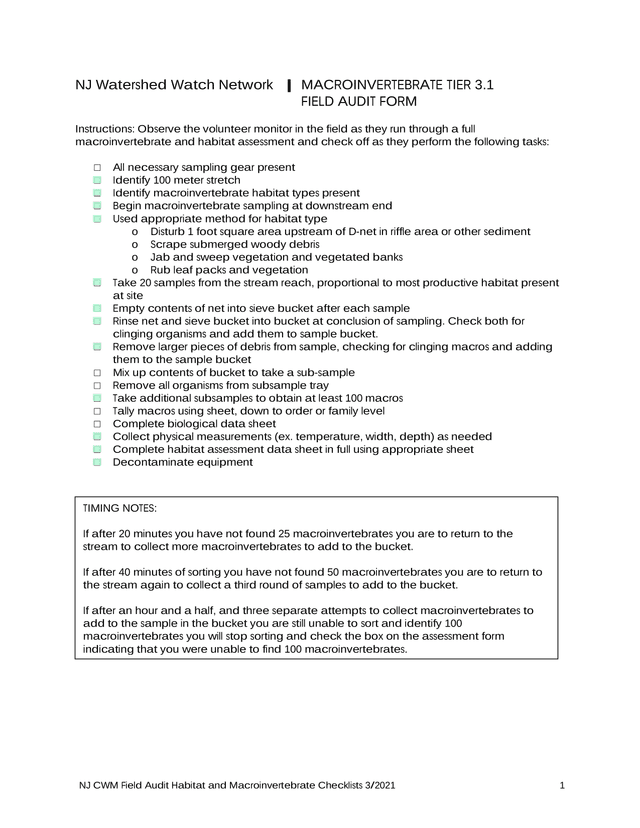 NJ Watershed Watch Network Macroinvertebrate Tier 3.1 Field Audit Form screenshot