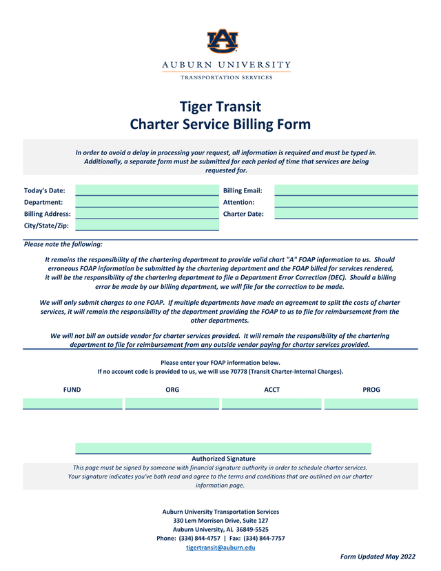 Tiger Transit Charter Service Billing Form screenshot