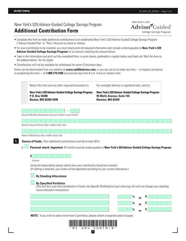 New YorkS 529 Advisor Guided College Savings Program Additional Contribution Form screenshot