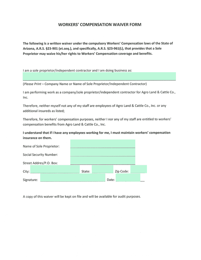 Workers Compensation Waiver Form screenshot
