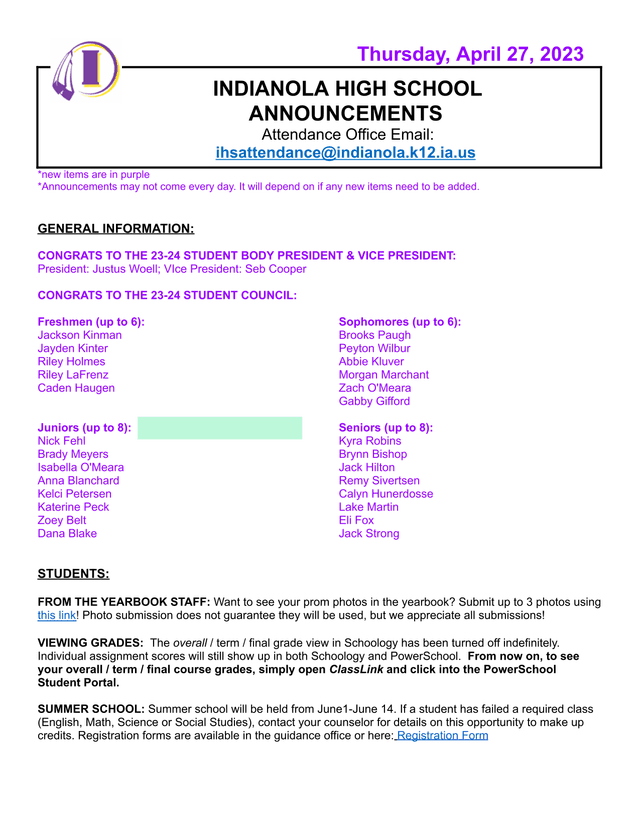 Indianola High School Announcements screenshot