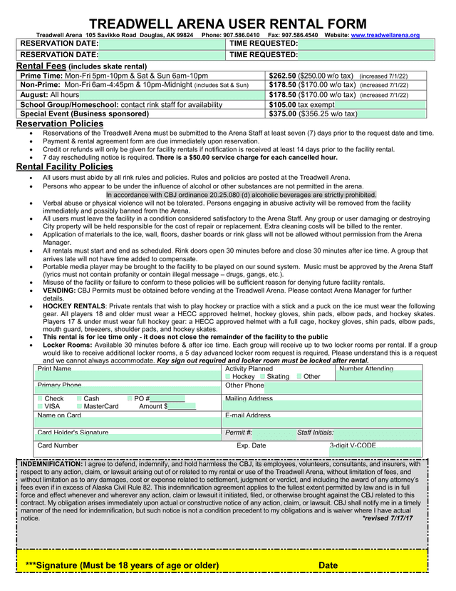 TREADWELL ARENA USER RENTAL FORM screenshot